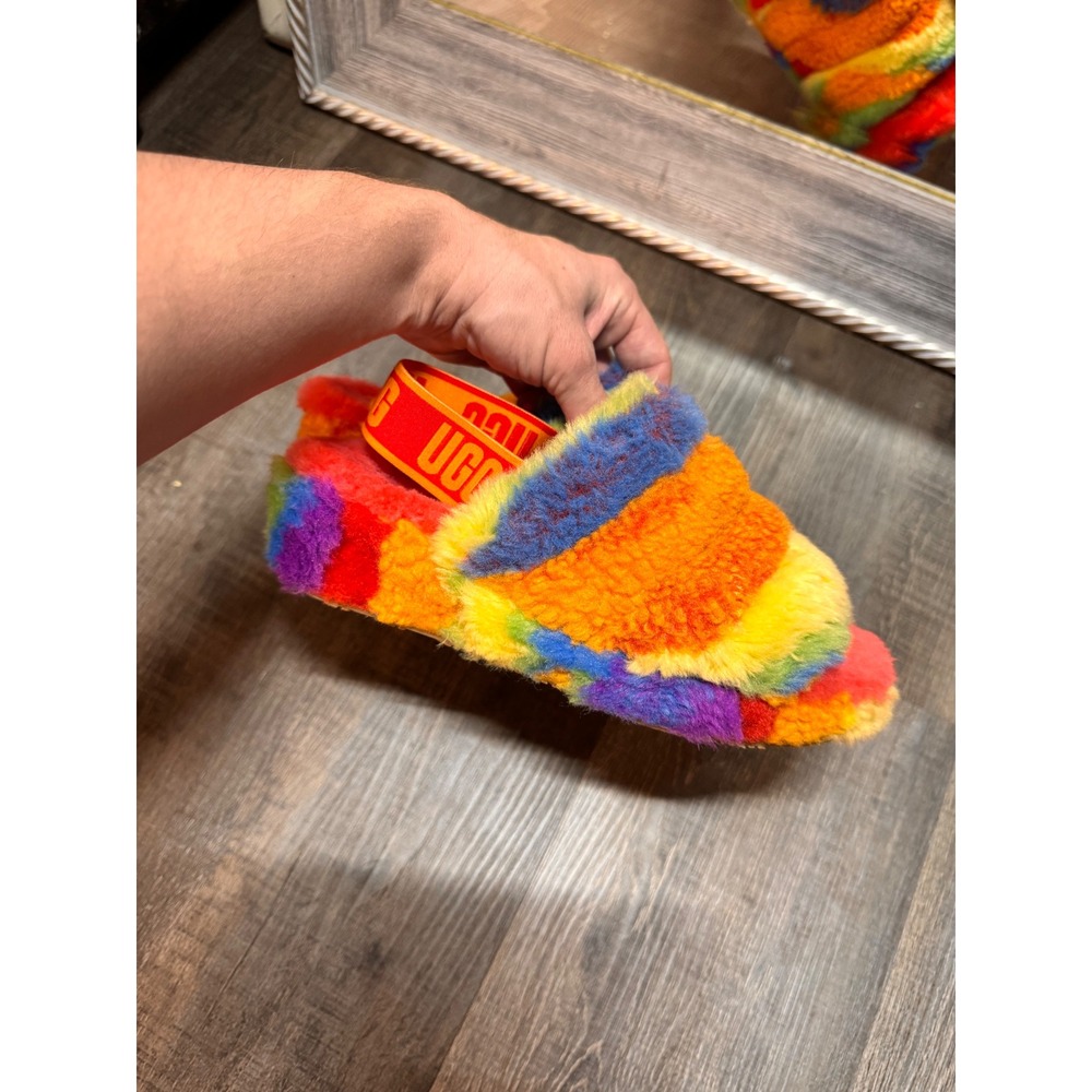 UGG Fluff Yeah Slide Cali Rainbow Striped Sheepskin Slides 1120027 Womens 6 - Picture 6 of 6
